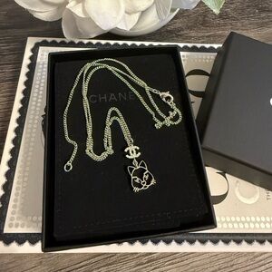 CHANEL Silver Crystal CC‎ Cat Pendant Necklace